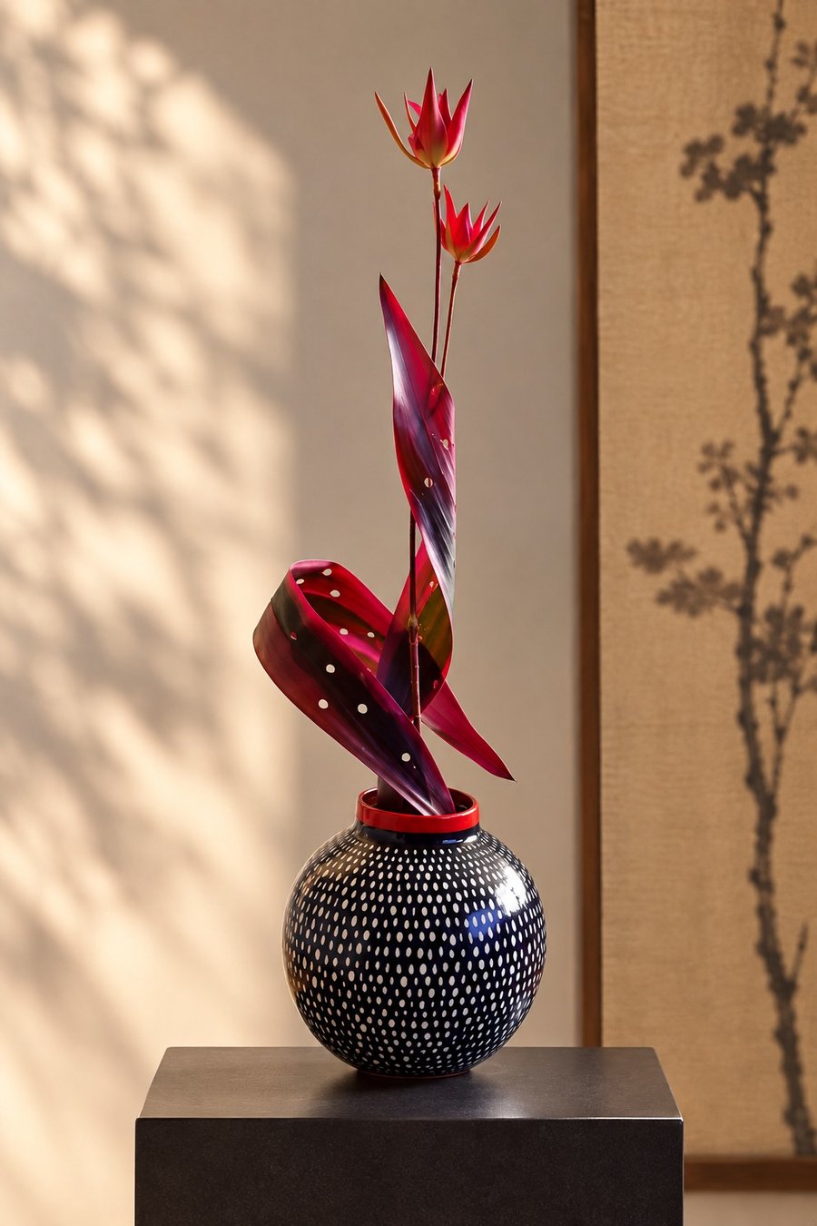 Aranjament ikebana cu frunze roșii într-un vas cu buline, creat la Yū Wa Art Studio