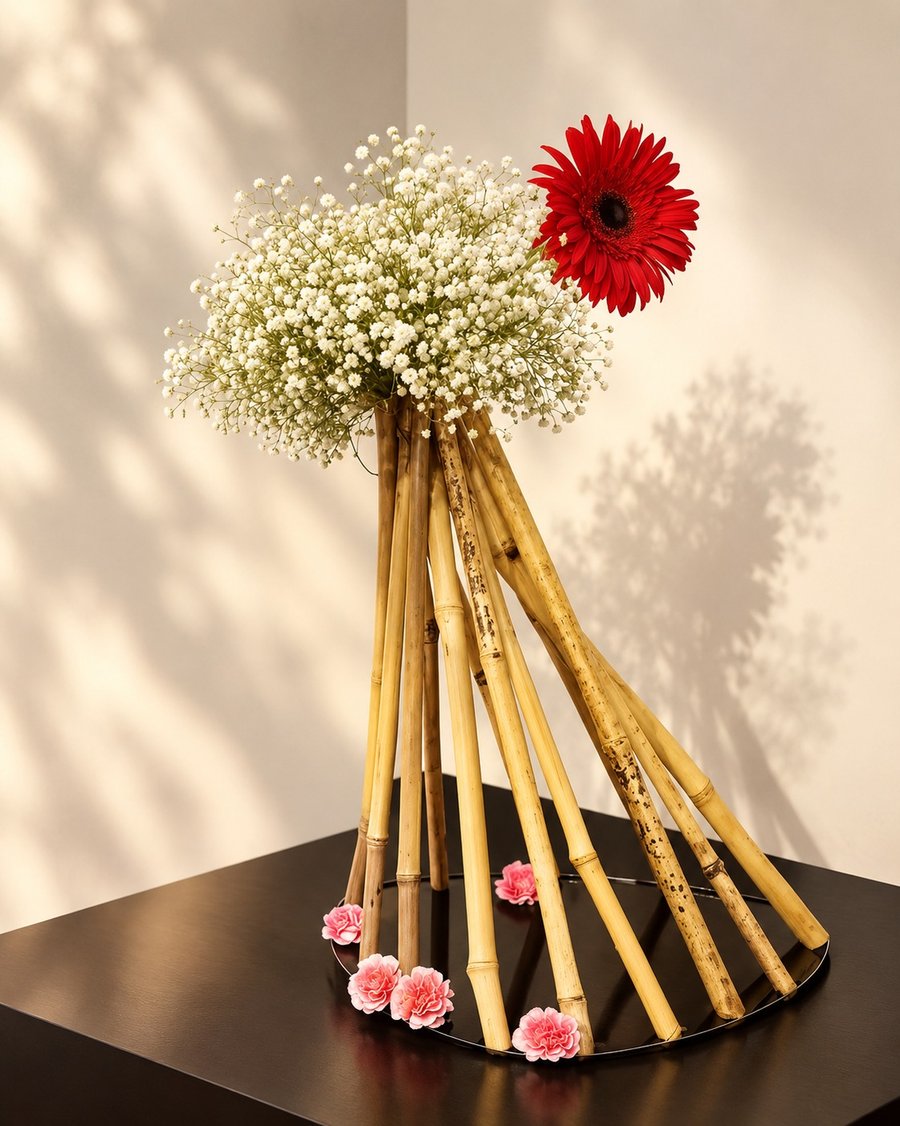 Curs de ikebana la Arad — compoziție cu tulpini de bambus și gerbera